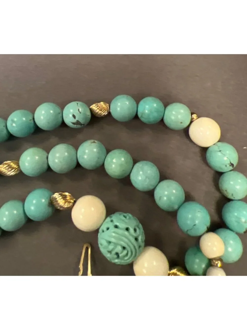 Vintage 14K Clasp & Beads Blue & White Beaded Necklace Carved Centerpiece